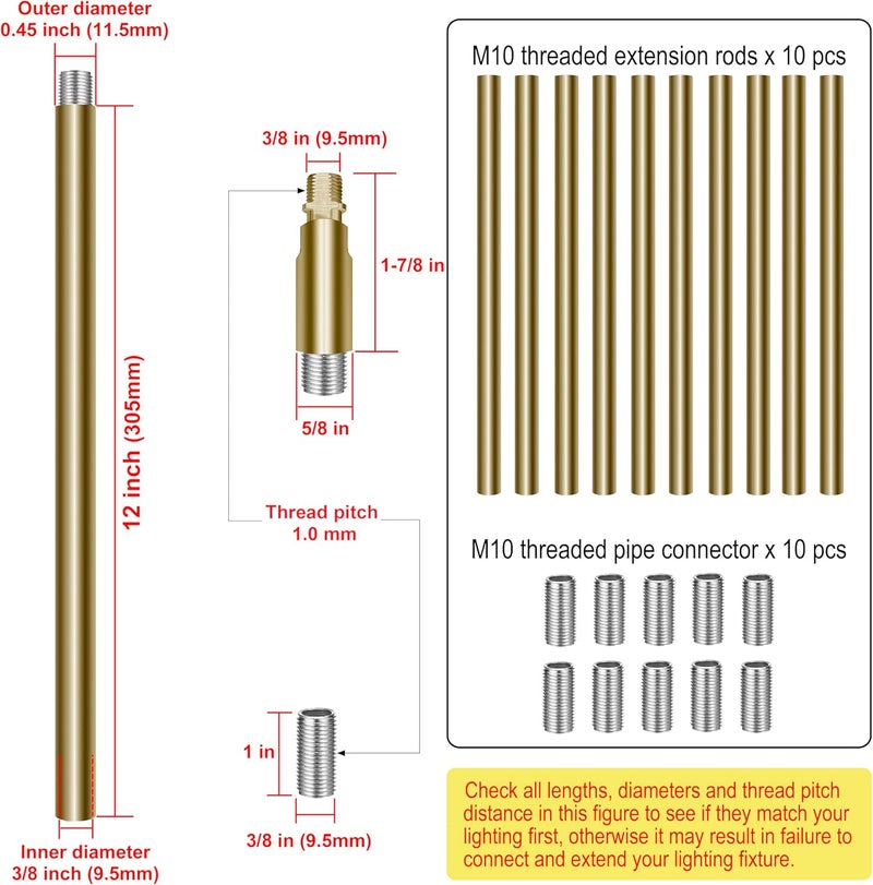 MAYOMAJO 10 Pieces 12-inch Extension Poles M10 Threaded Lighting Fixture Downrods Stems & 180 Degrees Sloped Ceiling Adapter Kits for Pendant Light, Island Lighting, Chandeliers (Brass) - Image 2